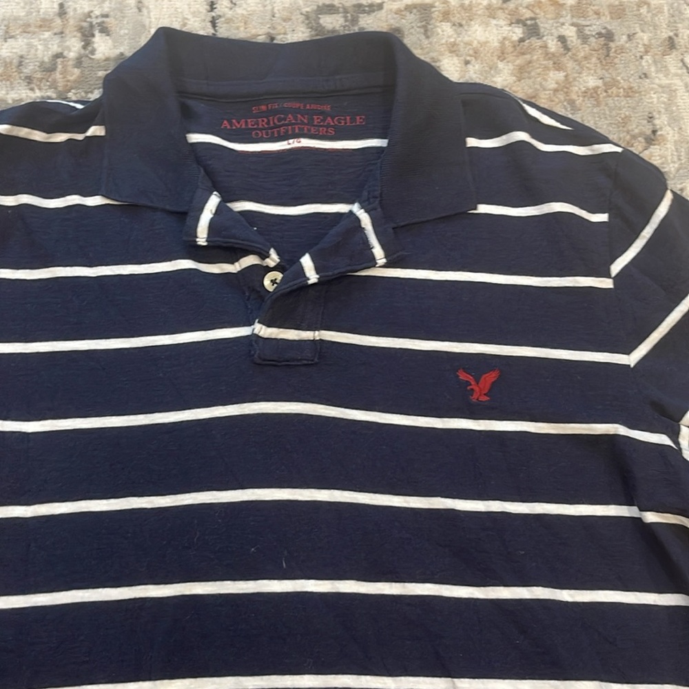 AE Slim Fit/Coups Ajustee Navy stripe Polo Shirt in Size L 💯 cotton - Picture 4 of 6